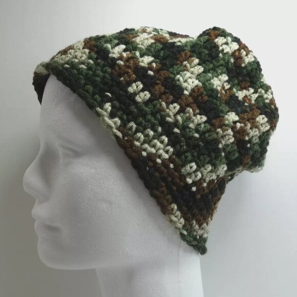 Camo Beanie 9" Baggy Cap OS Forest Camouflage Hat Handmade Crochet Hand Knit USA - Picture 6 of 9